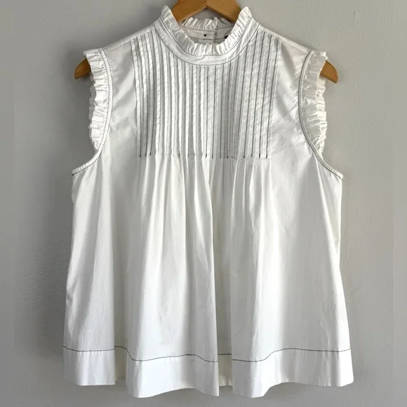 NEW Vince Camuto Button Back Pintucked Poplin Ruffle Contrast Stitch Top - Picture 1 of 10